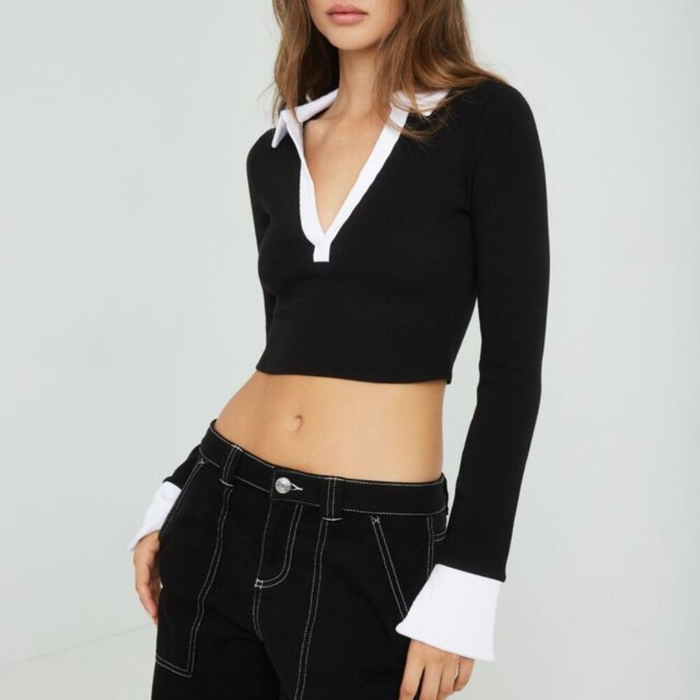 🔴Garage - Caroline Long Sleeve Cropped Polo Top - Size M